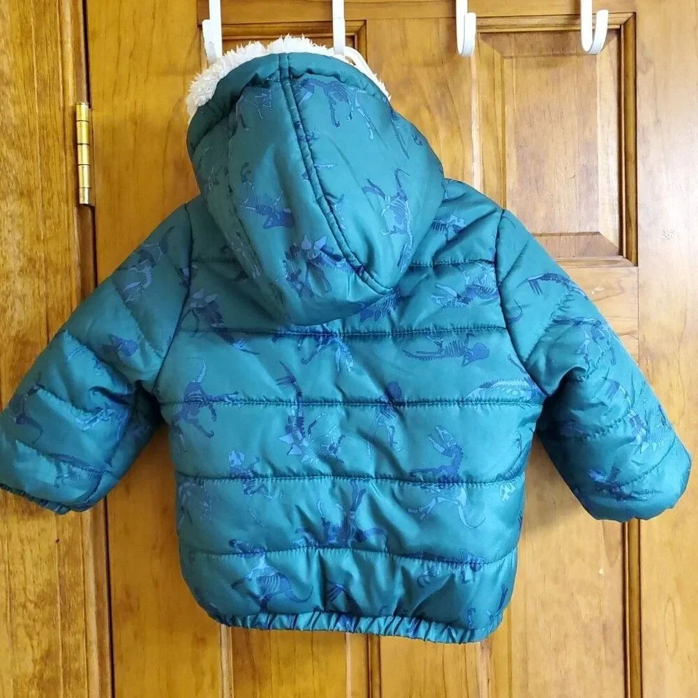 OshKosh B'gosh 18M Puffer Jacket Toddler Boys Teal Dinosaur Skeleton Hooded Coat